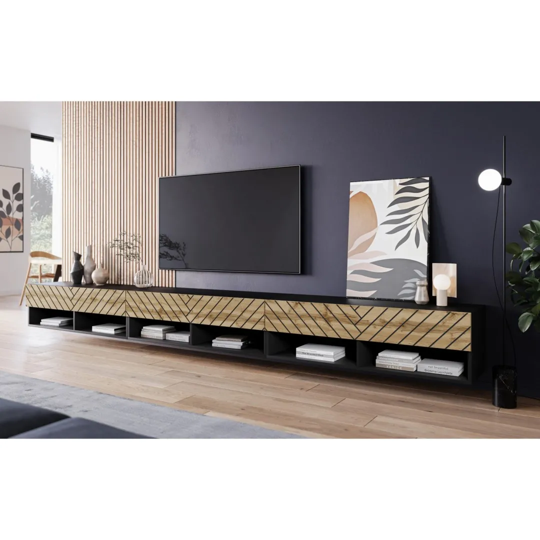 Szafka RTV "ANNE",300 cm, czarny grafit /front dąb wotan MDF Jodełka